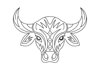 Tribal Bull Head Tattoo – Black and White Vector Illustration with Fierce Tribal Patterns