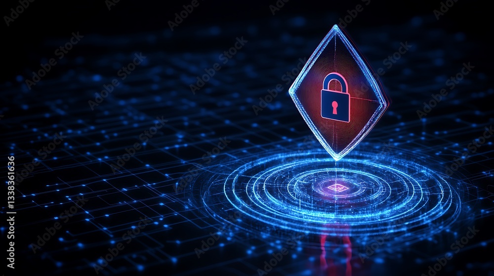 Poster futuristic digital lock icon on abstract technology background with glowing lines and data connectio
