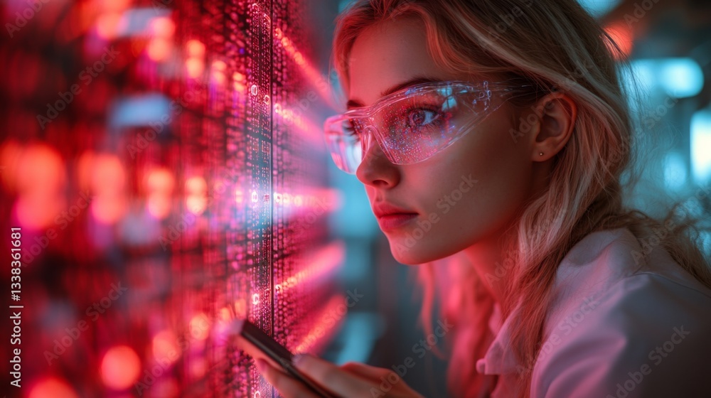 Aufkleber in a modern laboratory, a researcher examines a vibrant display of quantum simulation data. wearing 