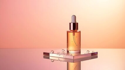 Glistening Serum Bottle on Prismatic Glass Luxury Showcase with Gradient Background and Water Droplets