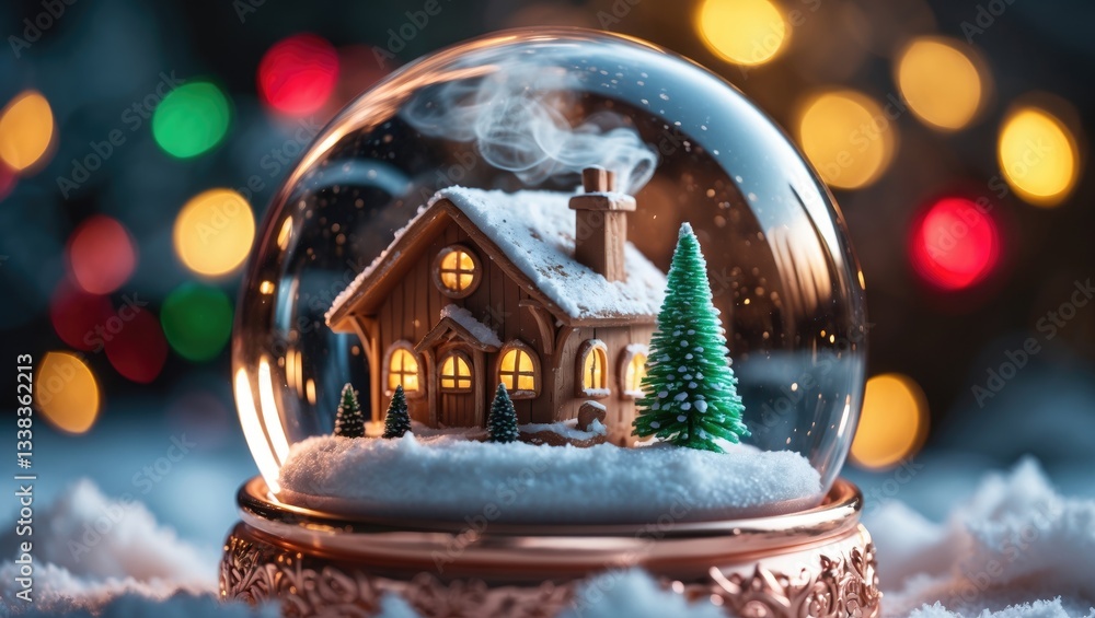 Poster animated rose gold snow globe featuring a tree and house within a snowy backdrop, complemented by a 
