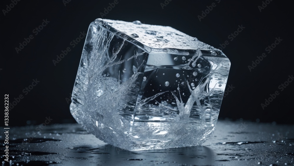 Poster Frosty textured natural ice block with crystal clear surface and cracks reflecting light.