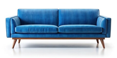 Fototapeta premium Stylish Blue Velvet Couch with Dark Wooden Legs - Modern Living Room Furniture