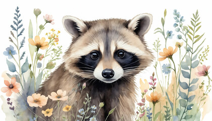 Obraz premium Adorable raccoon surrounded by wildflowers in a charming watercolor scene, capturing nature's beauty