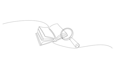 Continuous line drawing of magnifier over open book. Single line art of magnifying glass, loupe and notebook for education, science, business concept banner, presentation. Editable stroke illustration