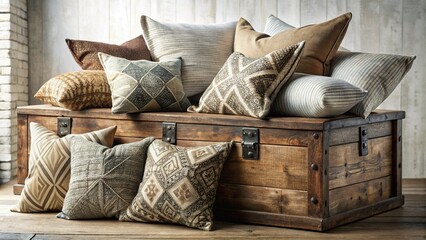 Stylish Modern Pillows in Antique Chest - Close-Up Stock Photo
