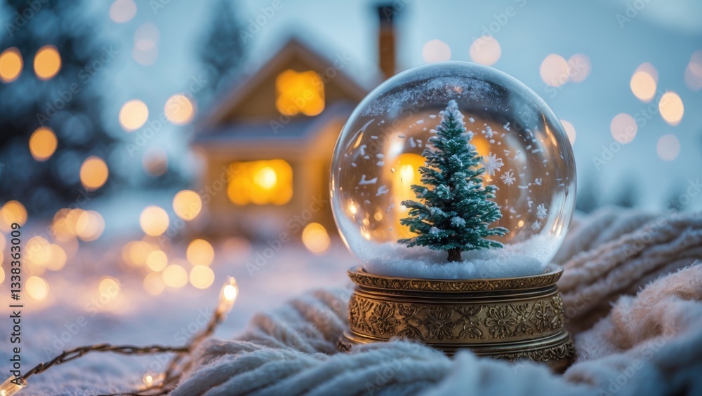 Poster animated snow globe featuring a tree and house within, set against a snowy background with a cozy ho