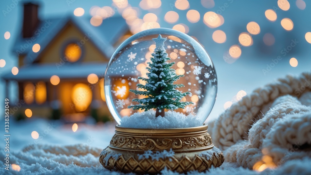 Poster animated snow globe featuring a tree and house within a snowy backdrop, complemented by a cozy house