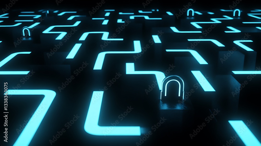 Poster futuristic digital maze with glowing pathways and lock symbol representing security and encryption c