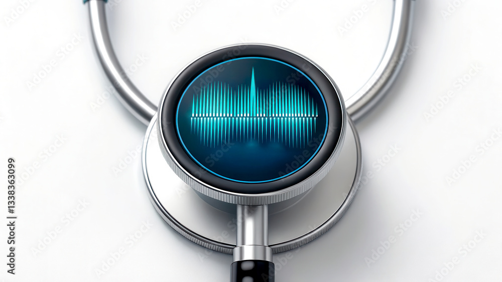 Poster healthcare technology concept. a modern stethoscope with a digital display showing sound wave patter