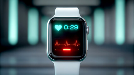 Healthcare Technology concept. A sleek smartwatch displaying heart rate and a timer against a modern, high-tech background.