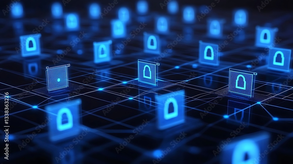 Poster futuristic digital network with glowing lock icons representing data security and cybersecurity tech