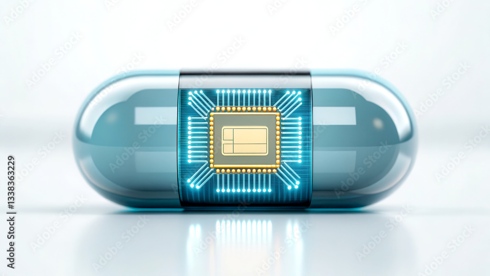 Poster healthcare technology concept. a futuristic capsule with a microchip embedded inside, symbolizing th