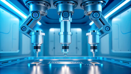 Fototapeta premium Healthcare Technology concept. A futuristic robotic assembly line featuring precision machinery in a blue-lit environment, showcasing advanced technology in action.