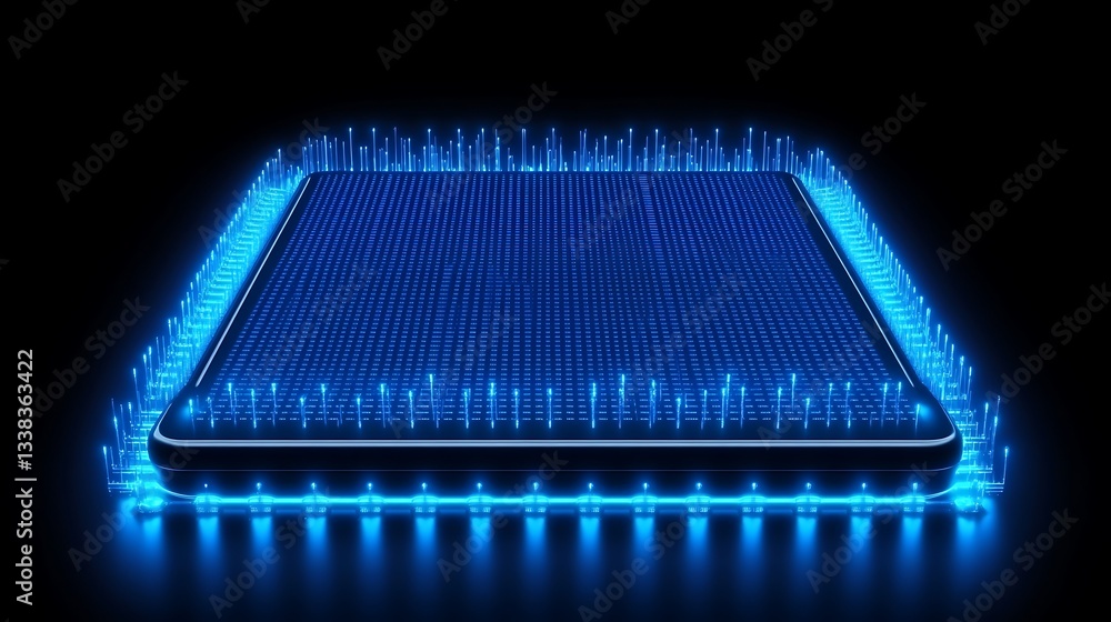 Poster futuristic digital processors with glowing electric waves in a high-tech abstract background