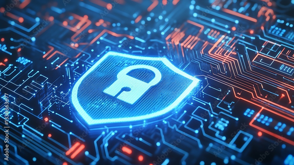 Poster futuristic digital shield with lock symbol representing cyber security and data protection technolog