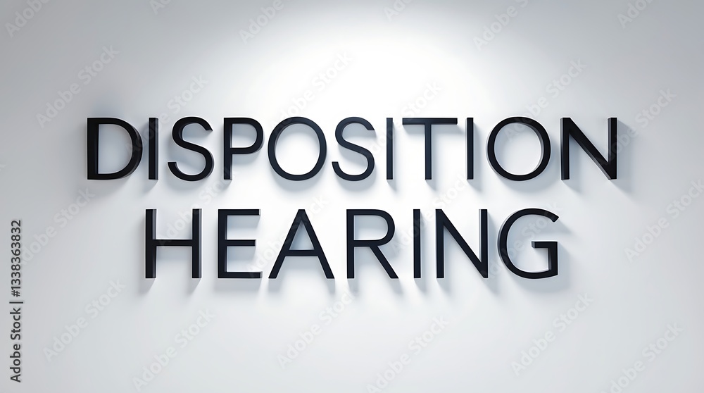 Aufkleber disposition hearing sign displayed in a formal setting with professional context