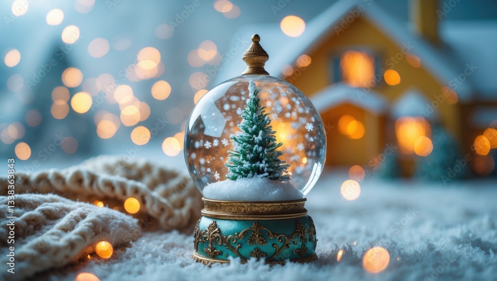Poster animated snow globe featuring a tree and house inside on a snowy background with a cozy house, abstr
