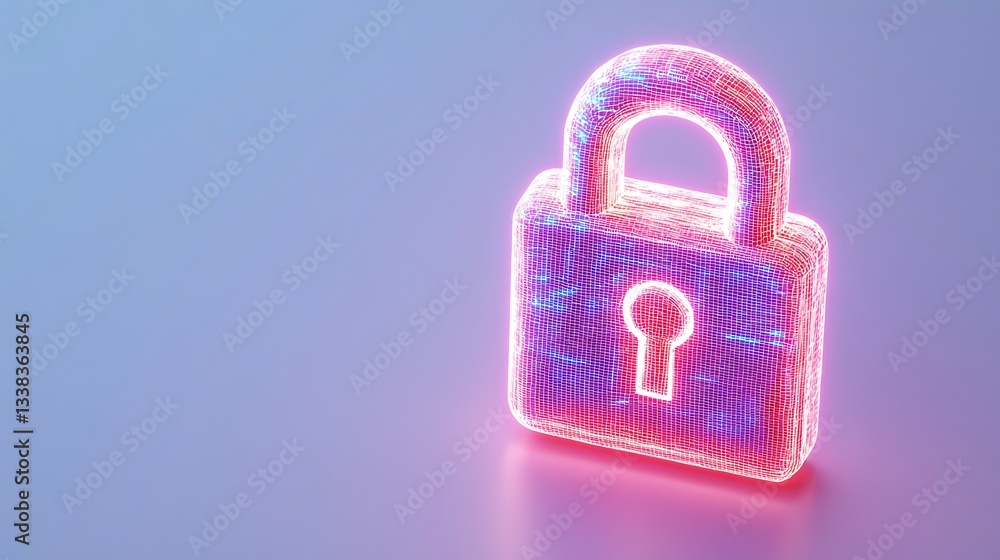 Poster futuristic glowing lock symbolizing security and protection in a digital technology context, 3d rend