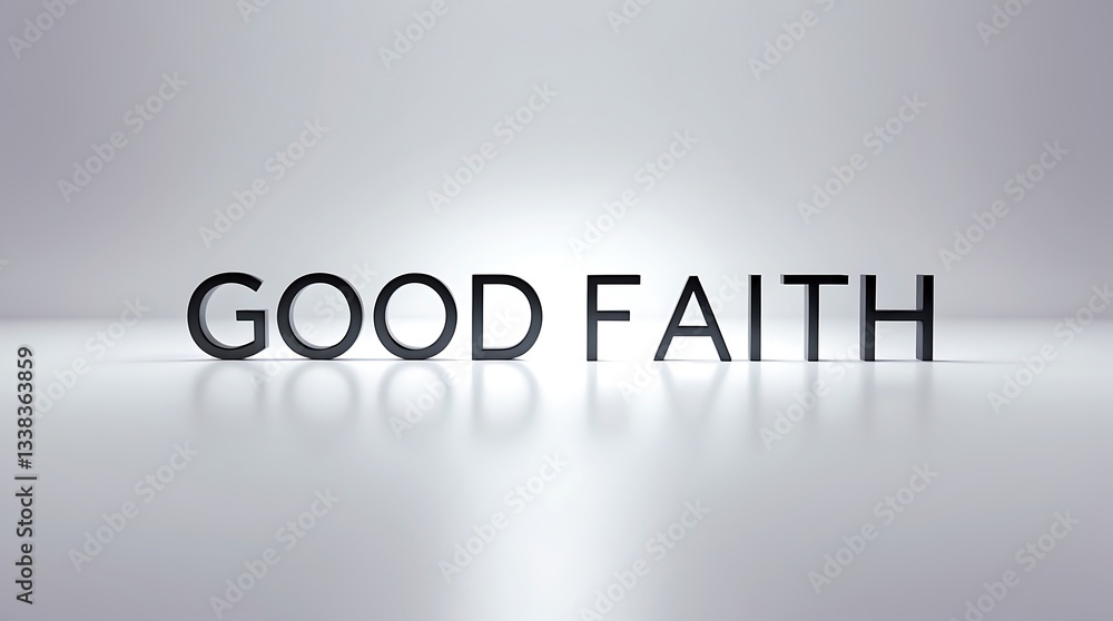 Aufkleber good faith text displayed prominently on a reflective surface in a minimalistic setting