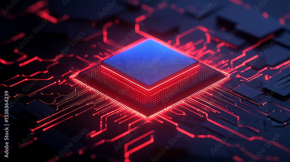 Poster futuristic microchip design on circuit board with red and blue glow and abstract technology pattern
