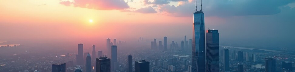 Obraz premium Steel and glass skyscrapers pierce a hazy sky , buildings, glass, city life