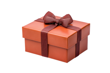 beautifully wrapped orange gift box with brown ribbon bow, perfect for special occasions and celebrations. elegant design adds touch of sophistication and excitement