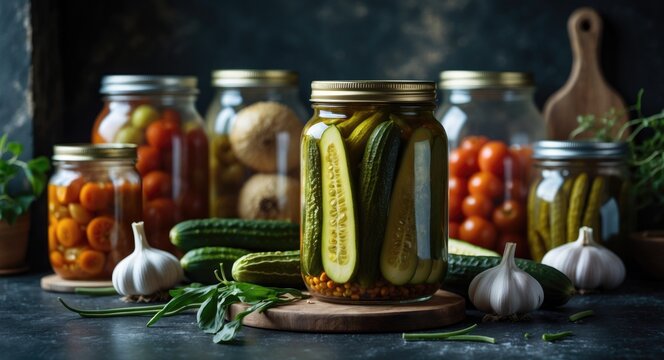 Harvest preservation idea. Glass jars containing fermented, pickled, and canned fruits and vegetables on a dark rustic kitchen table. Preservation of organic seasonal farm harvest. Healthy homemade...