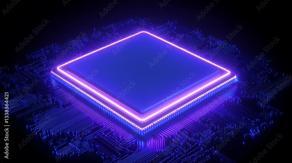 Aufkleber futuristic microprocessor with glowing neon lights on a dark background for technology and innovatio