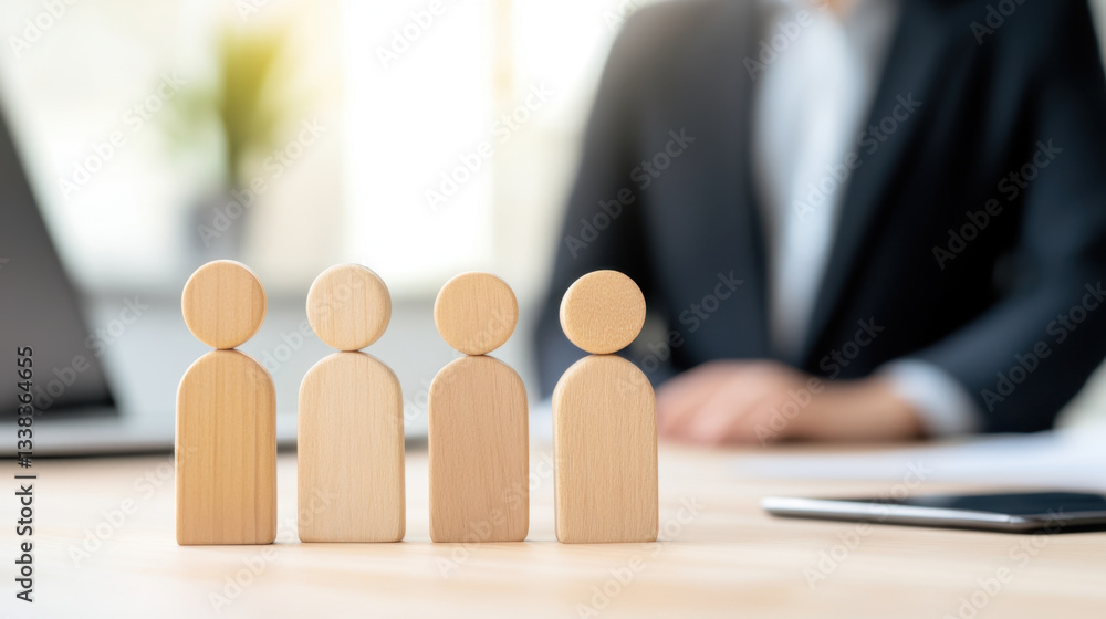 Poster wooden figures in formal attire symbolize teamwork and collaboration on desk with blurred profession