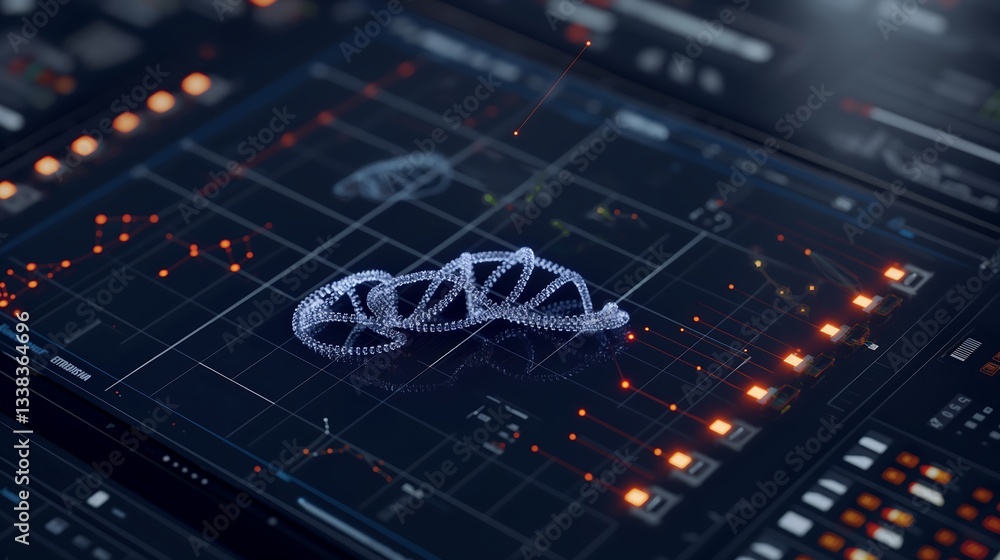 Poster a high-tech medical research interface displaying a biotechnology network, floating augmented realit