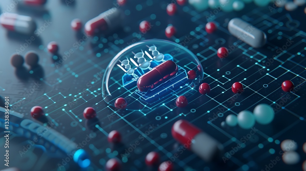 Poster a high-tech medical research interface displaying a biotechnology network, floating augmented realit