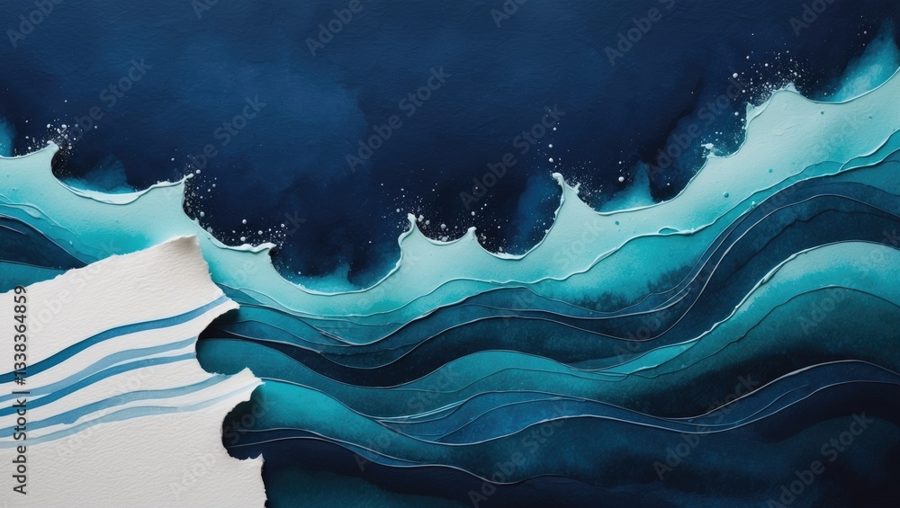Poster abstract art backdrop featuring navy blue tones. watercolor canvas painting with a turquoise sea wav