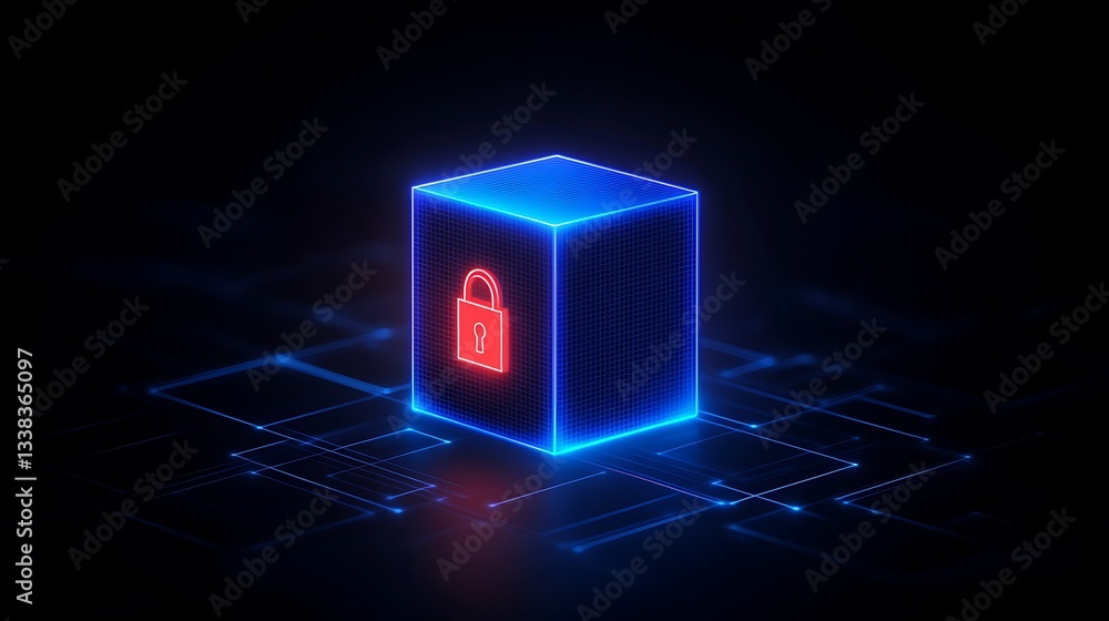 Poster futuristic secure data storage concept with digital lock symbol on neon cube in dark technology envi
