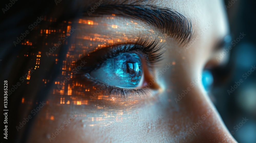 Poster A close-up view highlights a person's eye with a digital display reflecting quantum concepts like superposition and entanglement. Neural activities illustrate advanced algorithmic processes.