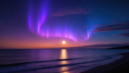 Vibrant aurora borealis lights up the night sky. The tranquil sea mirrors shades of purple and blue, complemented by a bright moon and setting sun.