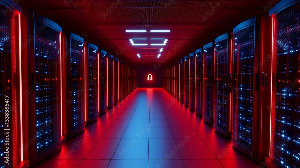 Poster futuristic server room with neon lights and security icon in a high-tech data center environment