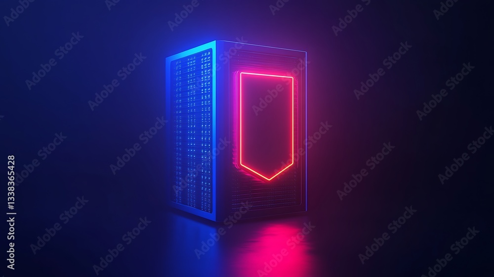 Poster futuristic server tower with neon lights and dark background in a high-tech environment