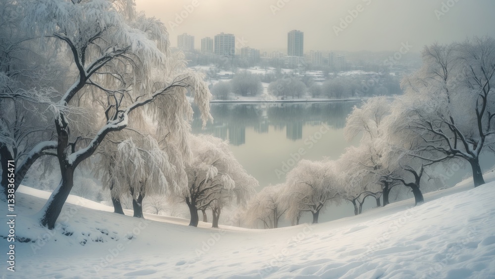 Poster a winter landscape showcases a grove of trees adorned with snow alongside reflective water, with a c