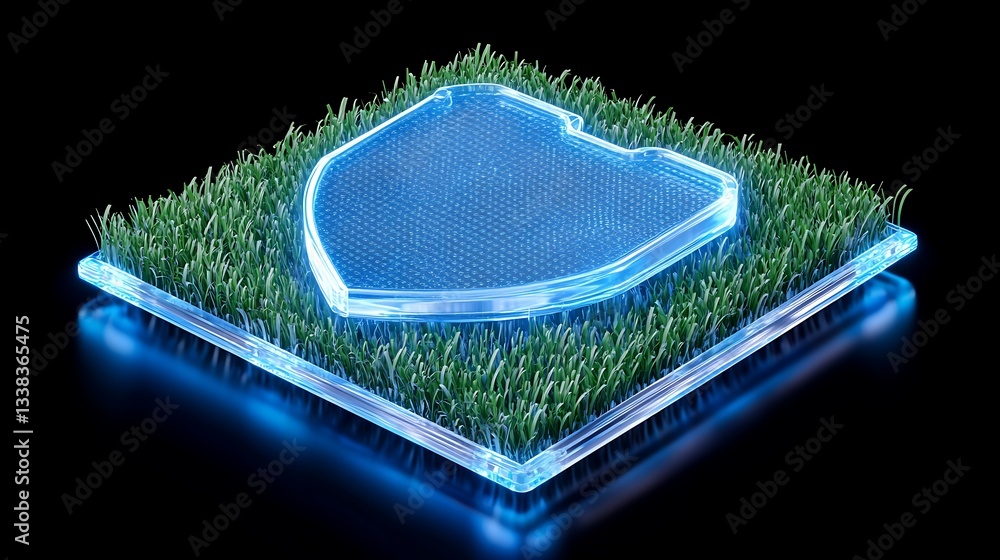 Poster futuristic shield design on grass mat with neon glow for technology and security themes in modern gr