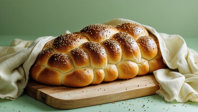 Homemade Challah bread covered with a white cloth. Topped with sesame and poppy seeds. Light green background.