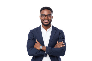 confident man in blue blazer and glasses stands with arms crossed, smiling warmly. He exudes professionalism and approachability, wearing white shirt and watch, set against plain background
