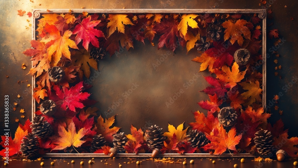 Poster colorful autumn leaves, nuts, and pine cones arranged in a double border over a rustic banner backgr
