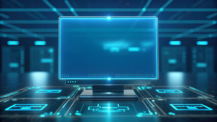 Fototapeta premium Business continuity concept. A futuristic, digital workspace featuring a glowing monitor and holographic interface in a technology-driven environment.