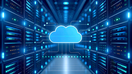 Business continuity concept. A futuristic data center with blue lighting and a cloud symbol, representing cloud computing and digital storage.