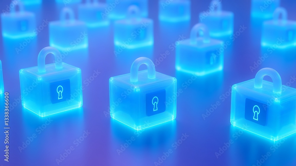 Poster glowing digital lock boxes in multiple layers for data protection and cybersecurity concept represen
