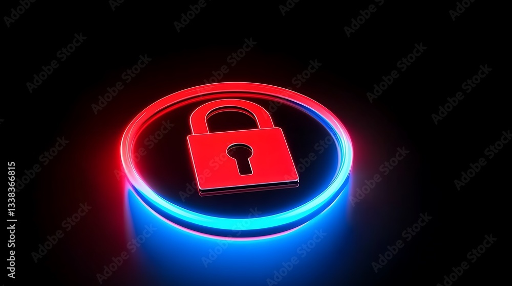 Poster glowing lock icon with neon light effect on dark background for security and protection concepts