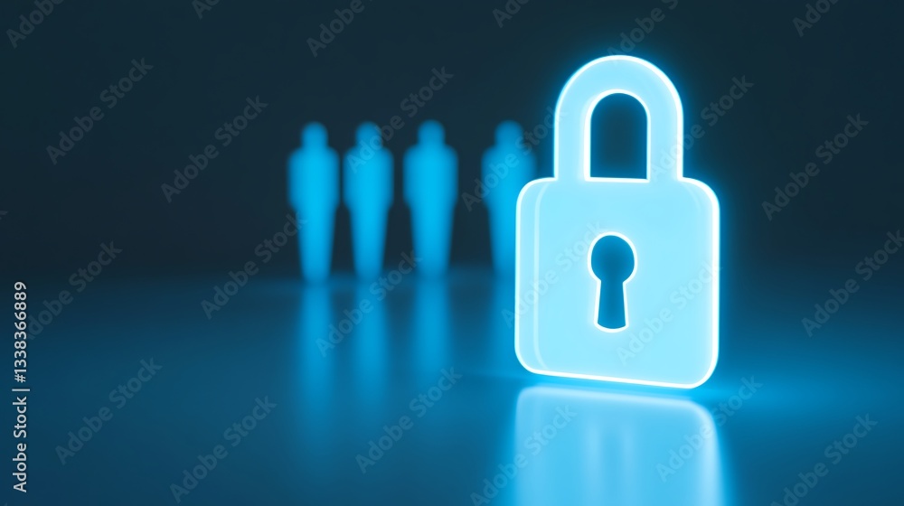 Poster glowing lock icon with silhouetted figures in the background representing security and privacy conce
