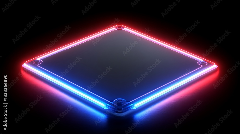 Poster glowing neon frame with red and blue led lights on a dark background for modern design and creativit