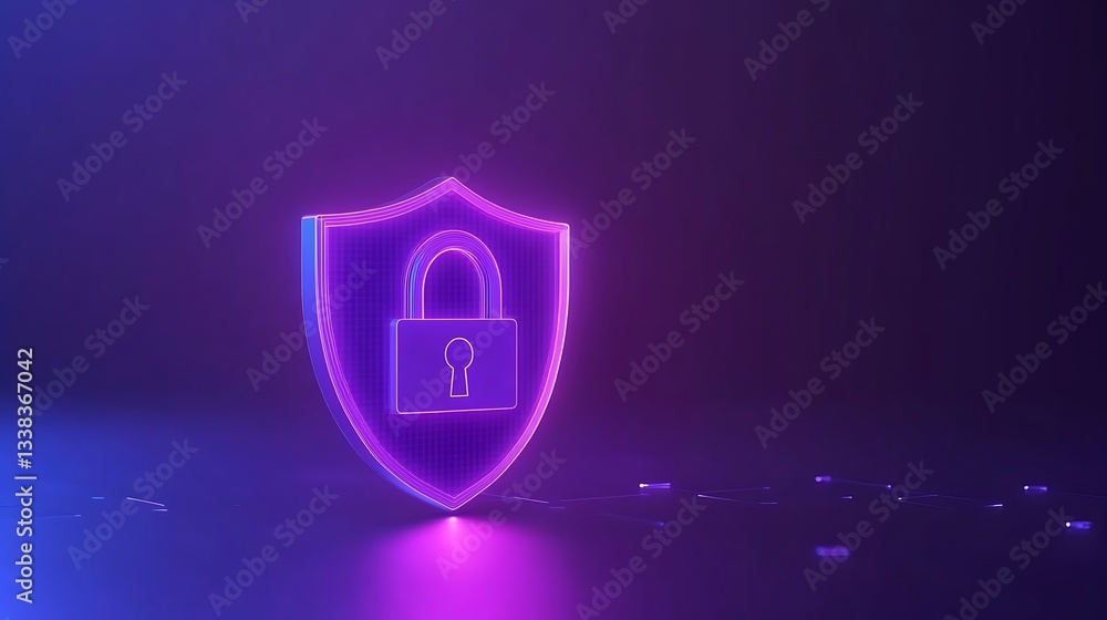 Poster glowing neon shield with lock symbol on dark background representing cybersecurity and digital prote